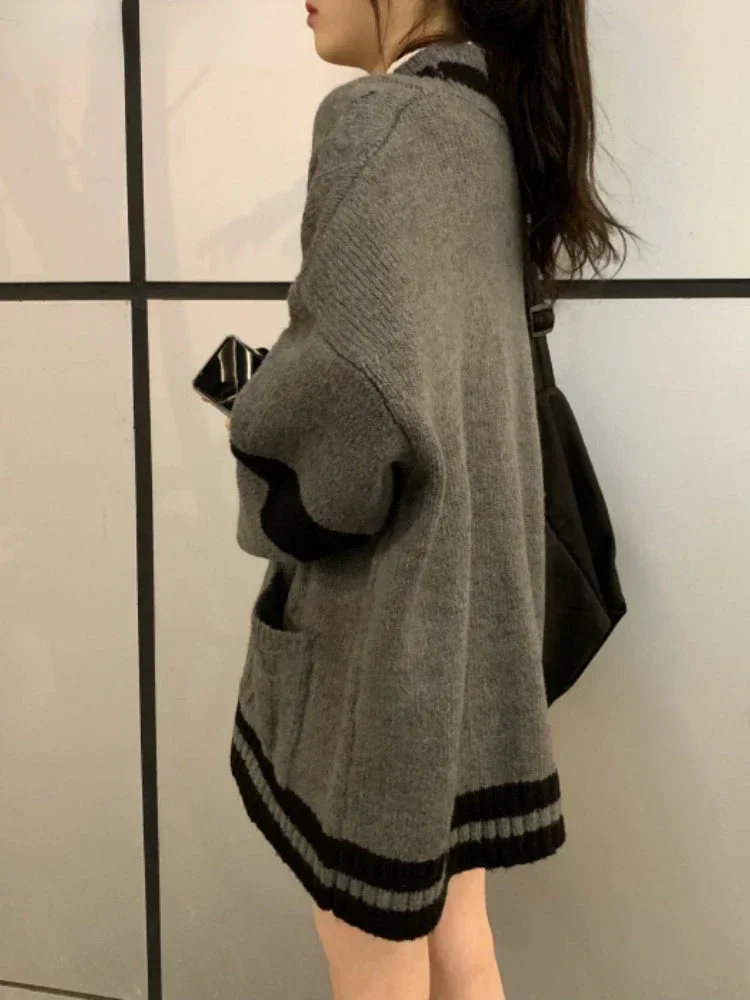 Cardigan Winter Grey Striped Knitted Sweater Cardigan Women Korean Fashion Style Harajuku Oversize Cardigan Preppy Female Coat