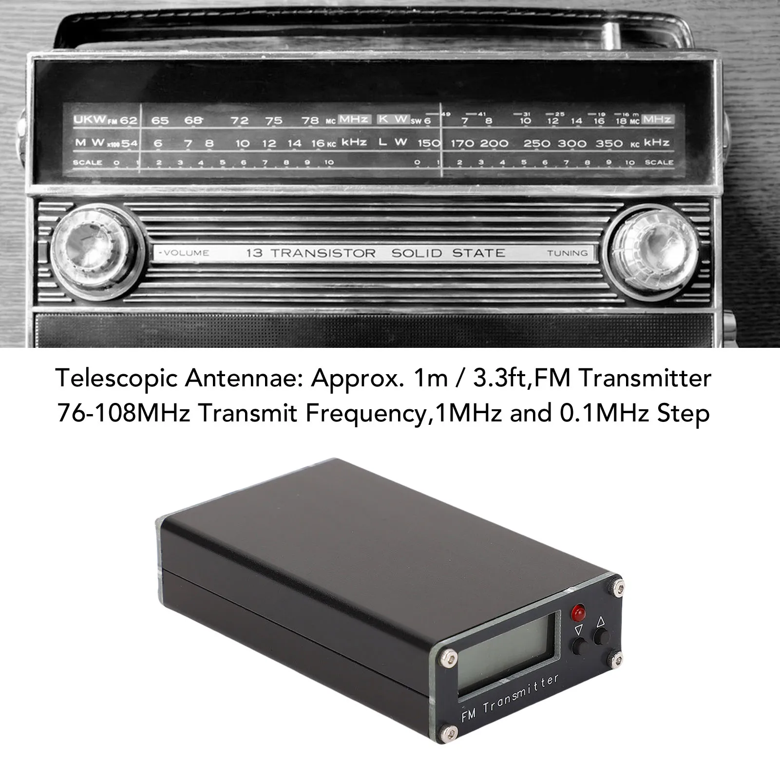76-108MHz FM Transmitter LCD Frequency Display Stereo Broadcast Transmitter with 1M Telescopic Antennae 2KM 0.5W 500mW