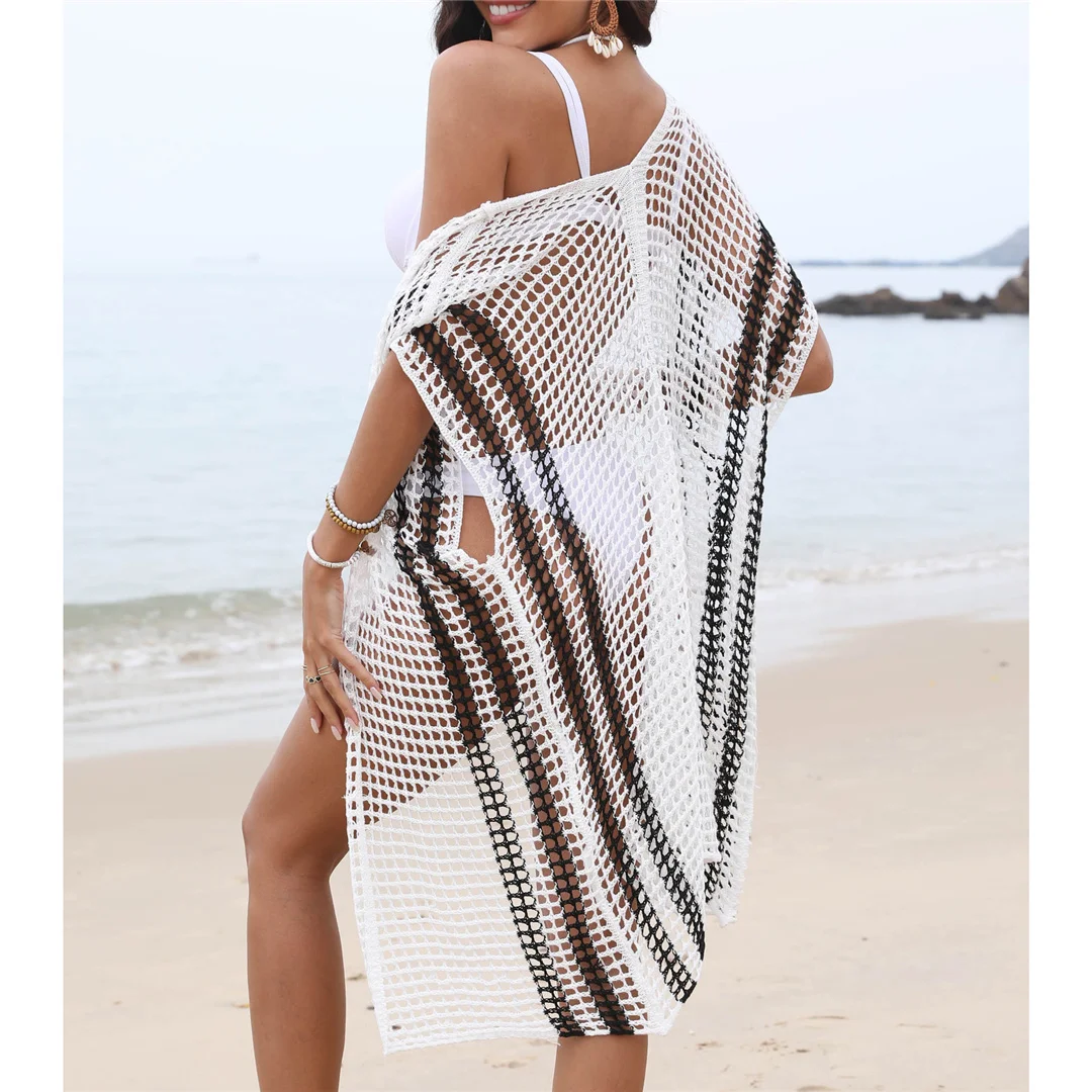 2026 Ausgehöhltes Kurzarm-Häkel-Strick-Tunika Strandkleid Strandkleidung Strandmode Strandüberwurf Damen V6593 – Detail 12