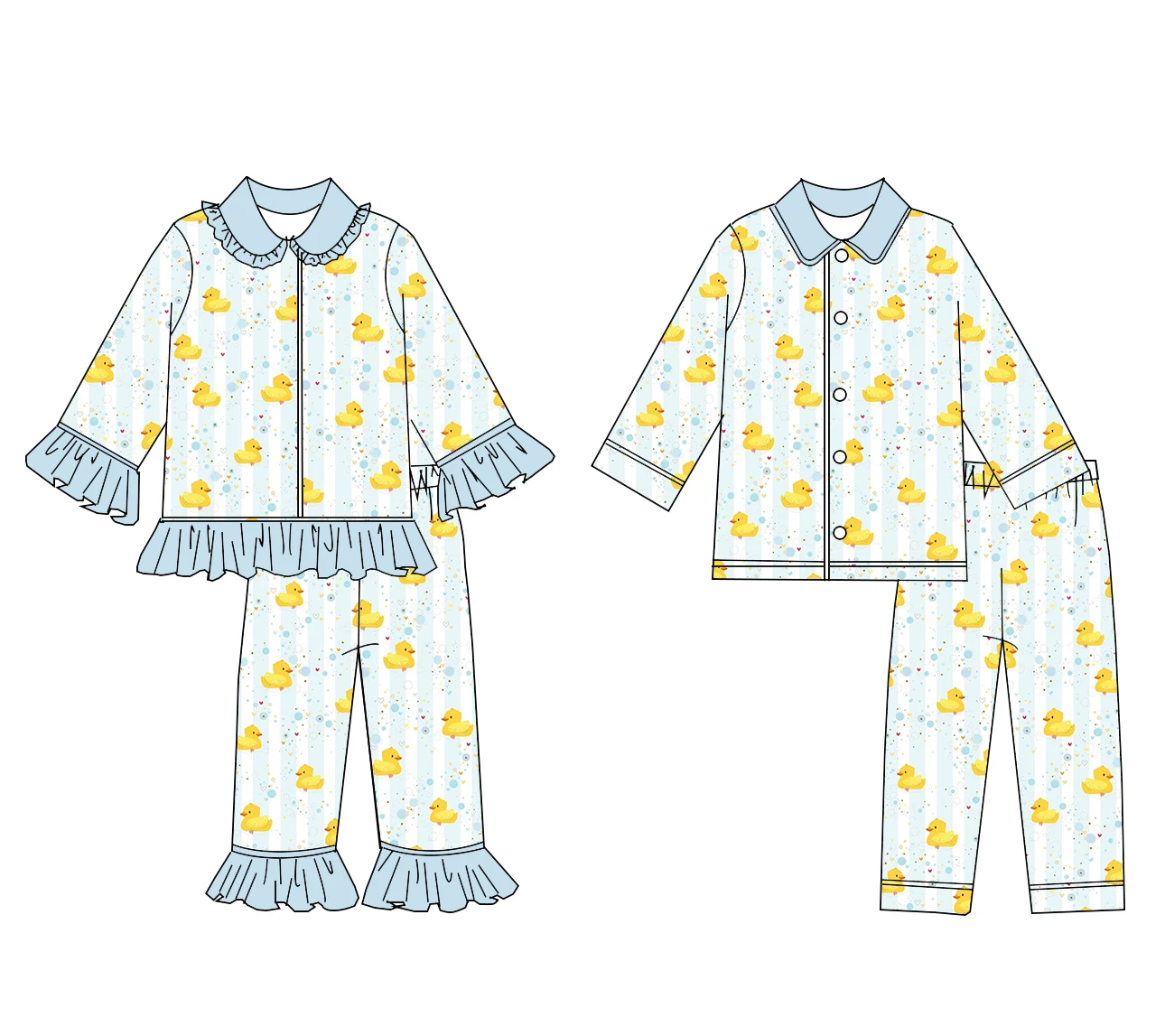 New Pajama Clothing Easter Lapel Long Sleeve Lace Pants Girls Boys Pajama Set Striped Duck Print Boutique Children's Set