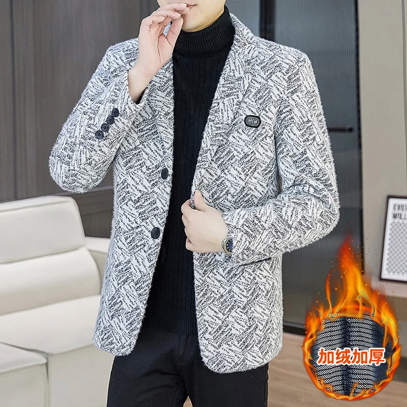 

Осень и зима плюс толстая шерстяная куртка для мужчин, модный теплый деловой повседневный пиджак, уличная одежда, пальто, мужская одежда