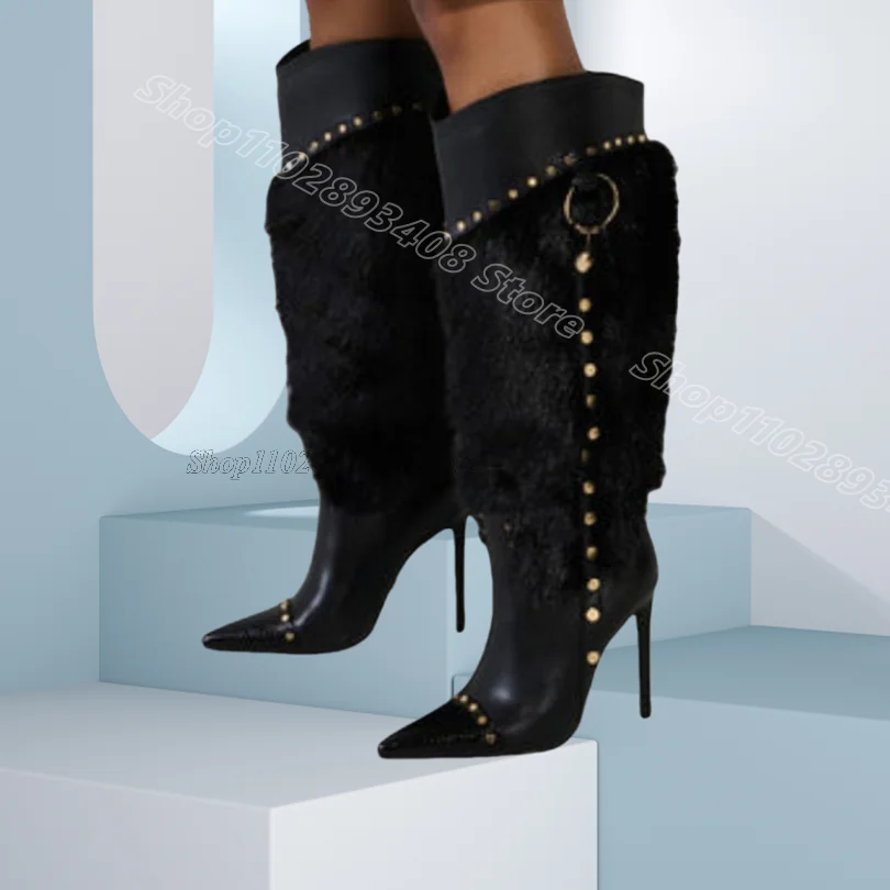 

Black Fur Decor Knee Boots Rivet Decor Pointed Toe Solid Spring Party Dress Design for Women Knee Boots 2025 Zapatos Para Mujere