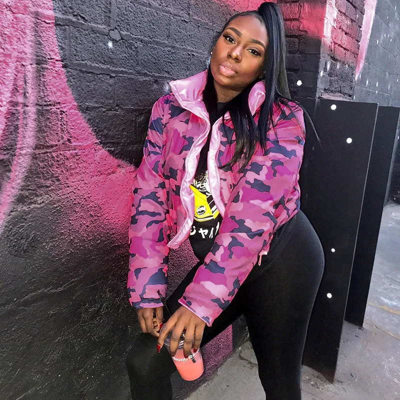 

Winter new lapel camouflage print zipper reverse two wear European and American women's quilted jacket