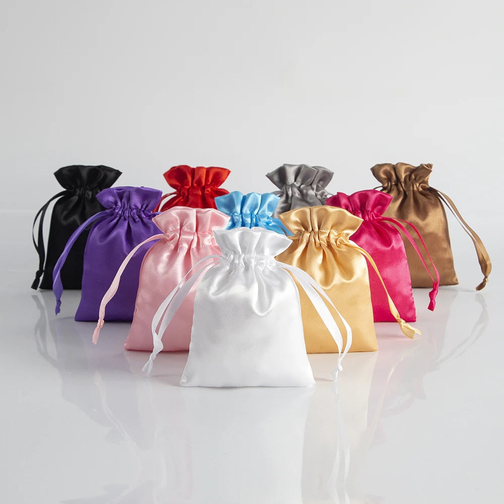 10pcs Bulk Silk Satin Jewelry Pouches Drawstring Bag with Ribbon Lipgloss Cosmetics Storage Custom Party Gift Packaging Bag