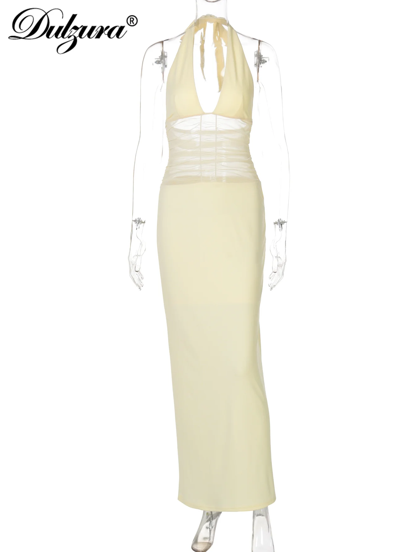 Dulzura Halter Sleeveless Backless Lace Up Zipper Ruched Sheer Mesh Patchwork Maxi Dress Solid Sexy Elegant Dress Party Clubwear