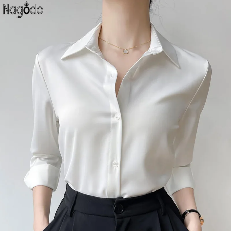 

Brand Quality Silk Satin Women Shirts Solid Long Sleeve Top Elegant Office Lady Women's white shirt black Blouse Female clothing