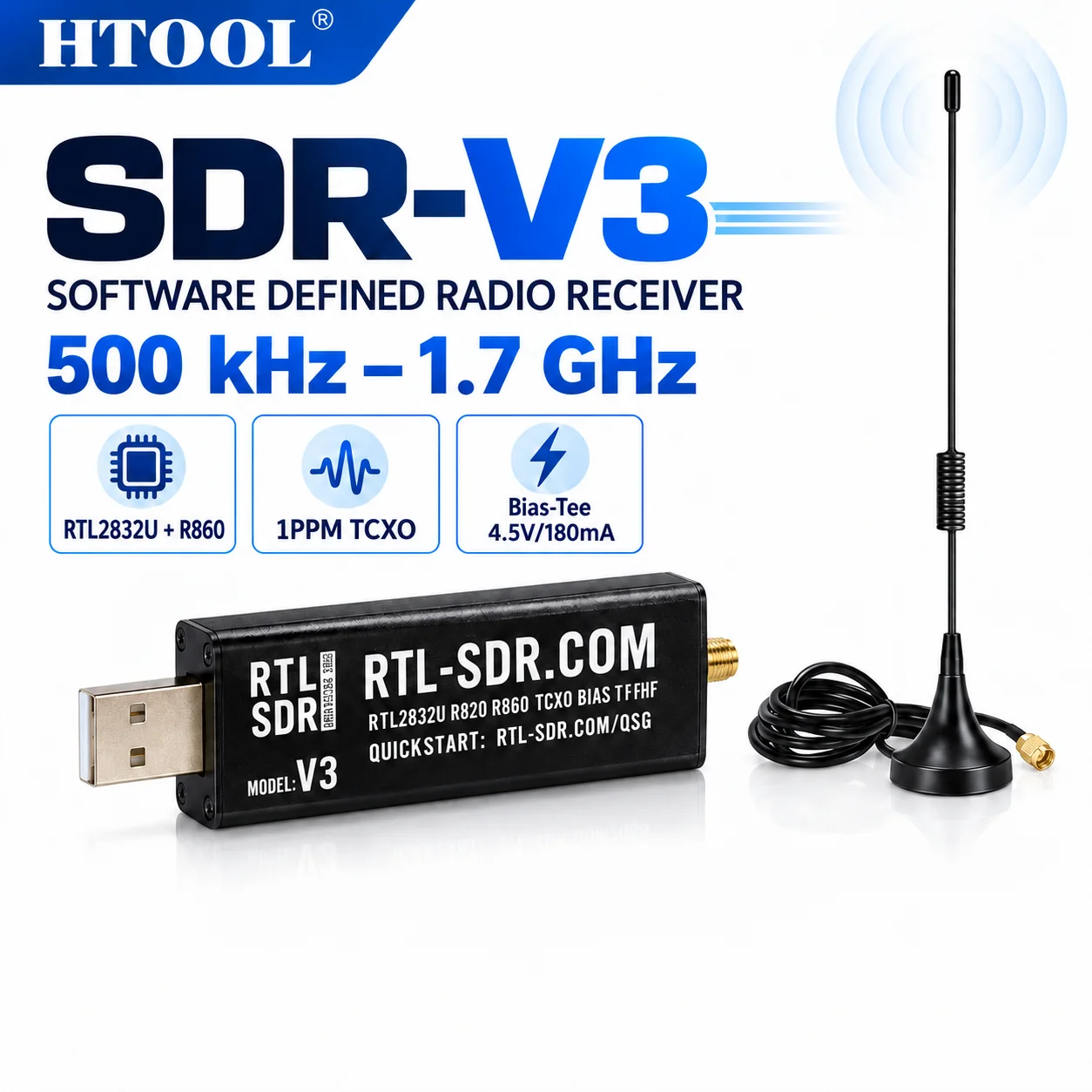 HTOOL SDR-V3 Software Defined Radio Receiver 500kHz-1.7GHz RTL2832U R860 1PPM TCXO Bias-Tee Dual Antenna Kit