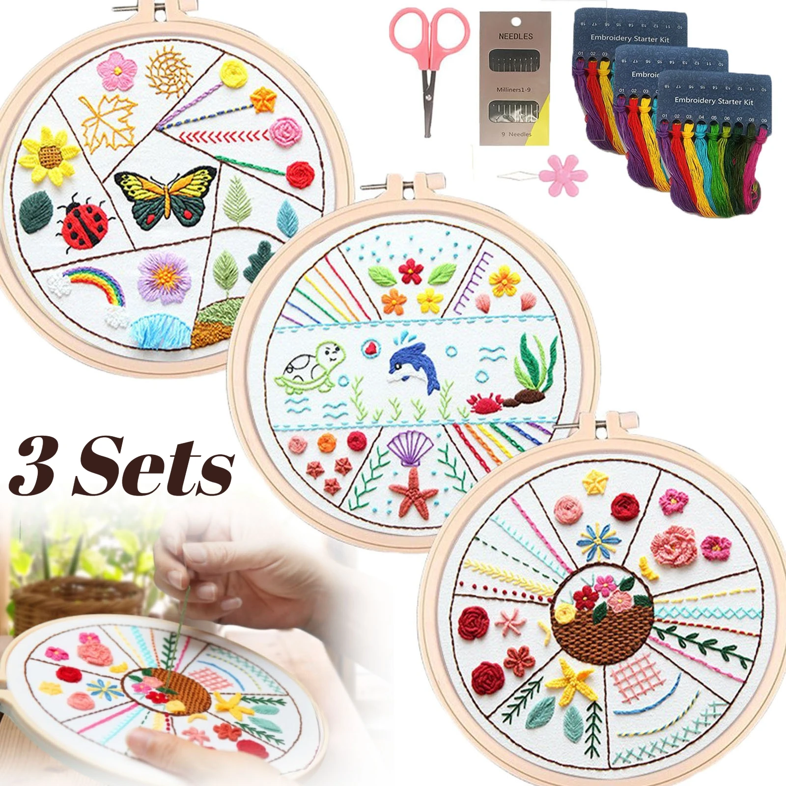 

3 Sets Embroidery Stitch Practice Kit Flowers Butterflies Animals for Beginners Adults and Kids Needlepoint Include Cloth Hoops
