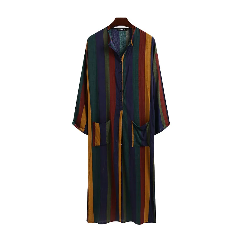 Muslim Men Caftan Striped Print Long Sleeve Pockets Button Abayas Robes Man Islamic Arabic Dubai Ramadan Loose Kaftan Abaya