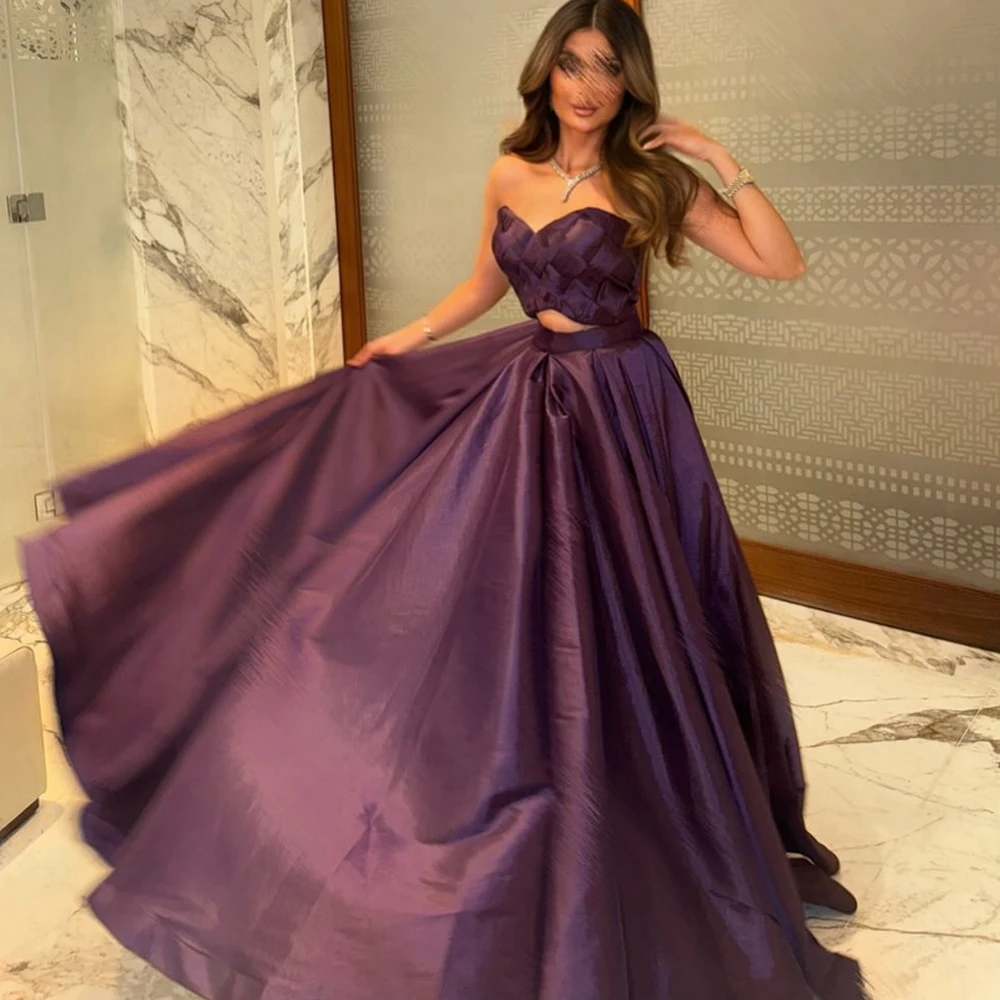 

Classic Celebrity Dress Sweetheart A-Line Satin Pleats Crop Top Sashes Solid Purple Satin Sweep Train Bespoke Occasion Gowns