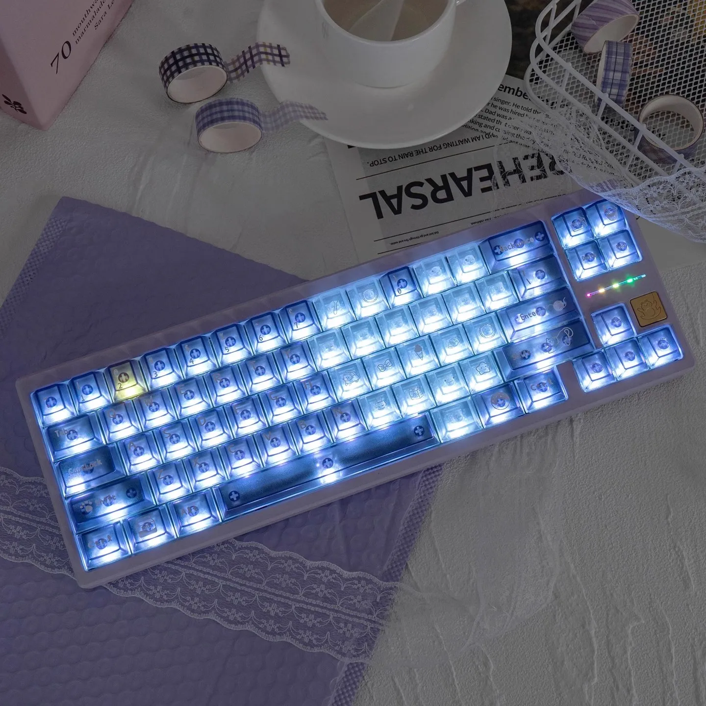 Cute Meow Dessert Theme Keycaps Purple Mist Transparent PC Cherry Profile Custom Gaming Keycaps for Mechanical Keyboard PC Gift