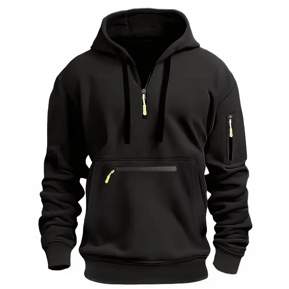 Men's Casual Long Sleeve Pullover Hoodie Featuring Full Zip Closure and Multi-Pocket Design for Everyday Comfort