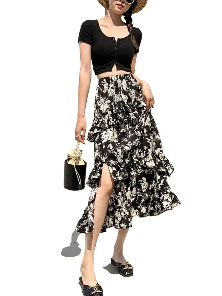 

Plus Size Skirt Summer Women's Skirt Fashion Casual Edge Ruffled Split Half length Beach Skirt French Vintage 7XL Chiffon Skirt