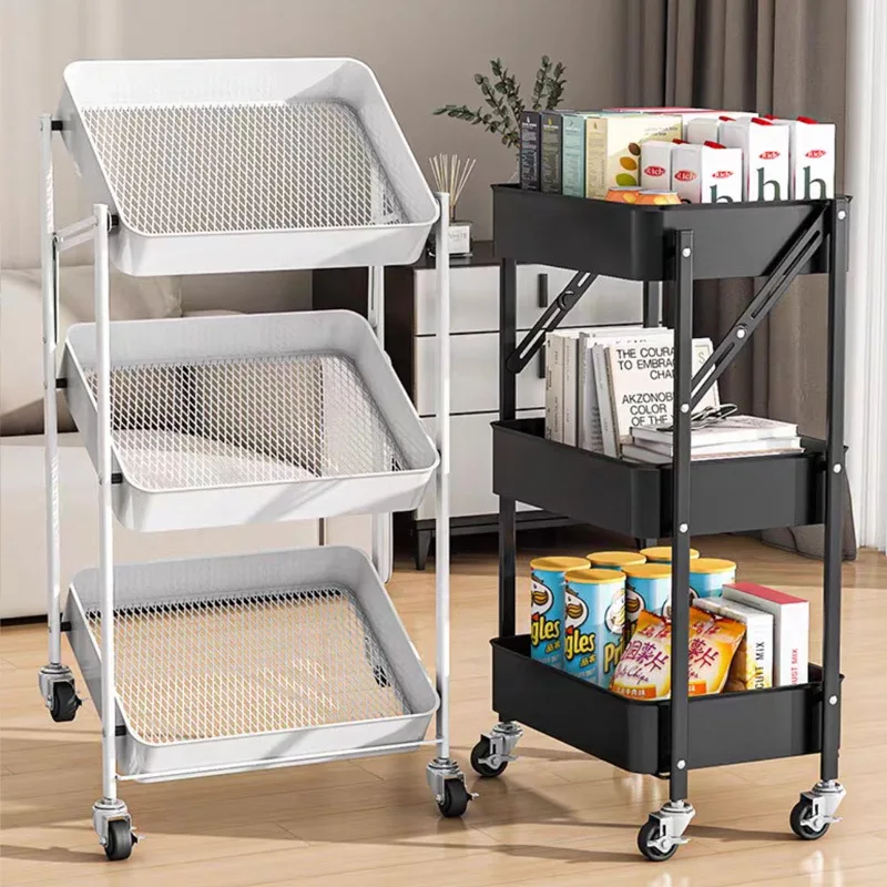 Installation-free folding trolley, kitchen multi-layer floor storage rack, bedroom mobile storage rack, bookshelf