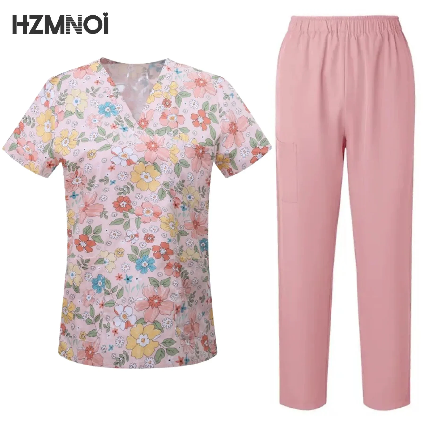 Surgical Uniforms Woman Printing Blouse Pockets Pants Medical Scrub Set Beauty Salon Workwear Clinical Scrubs Top+Pants Spa Suit