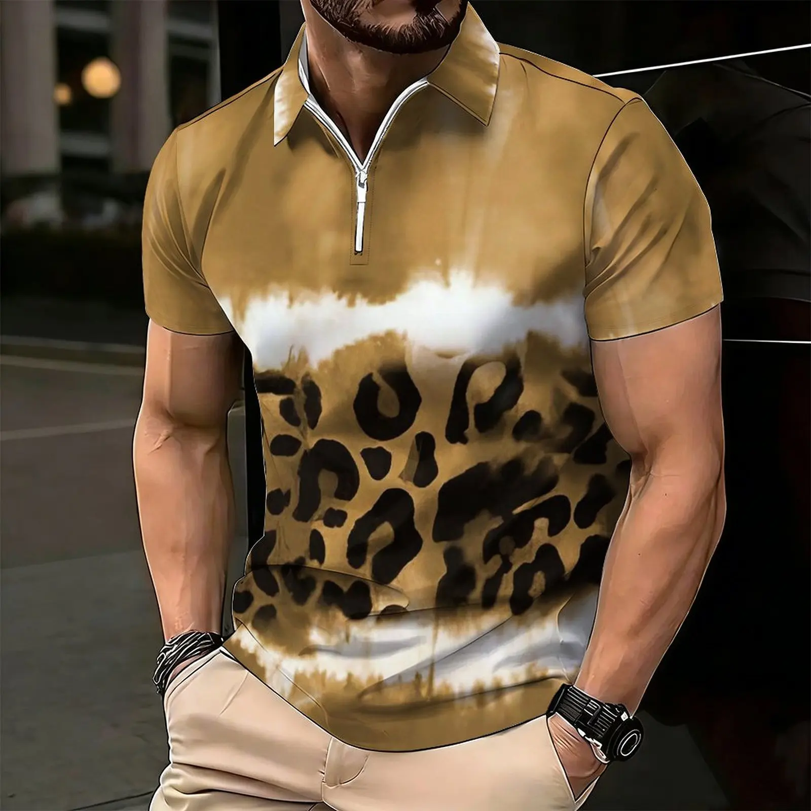 Men Print Half Zip Polo Shirt Short Sleeve Lapel Collar Casual Summer Mens Daily Tops