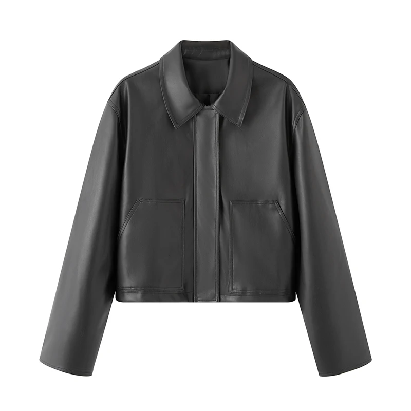 Cappotto lungo da donna retrò Sle in pelle Sve ort Jaet Autumn Faion Ele Cool Sweet Sle casual taglio dritto