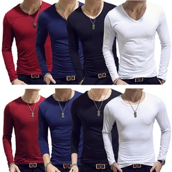 Camiseta de manga larga para hombre, camisa de poliéster sólido con cuello redondo, color rojo, azul y negro, primavera y otoño