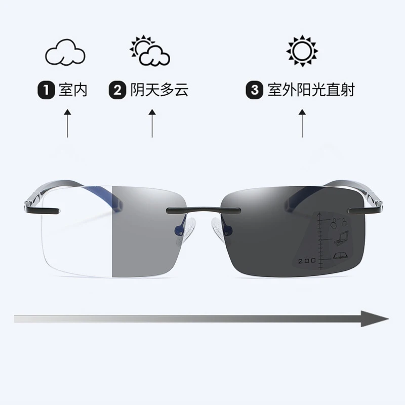 Photochromism Rimless Progressive Multifocal Reading Glasses Men Business Presbyopic Glasses Blue Light Computer Grade Glasses