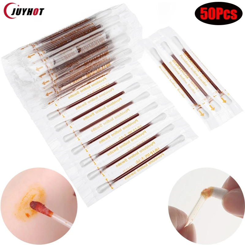 50Pcs/Lot Medical Disposable Emergency Disinfect Cotton Stick Iodine Disinfected Swab Buds First Aid For Children Adults Baby