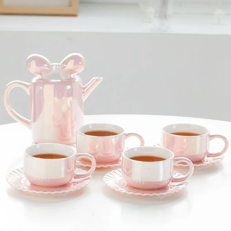 European Ceramic Tea Set Bow Kettle Home Ceramic Coffee Cup Dish Afternoon Tea Set Simple Breakfast Milk Mug Home Decoration New