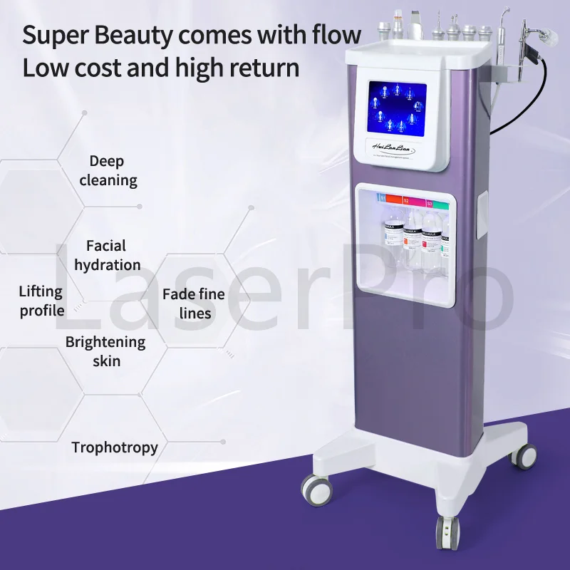 ใหม่ล่าสุดแนวตั้ง 9 in 1 Hydra Beauty อุปกรณ์บํารุงผิวหน้าอัลตราโซนิกความถี่ R ทําความสะอาดออกซิเจน Jet Peel Beauty Machine