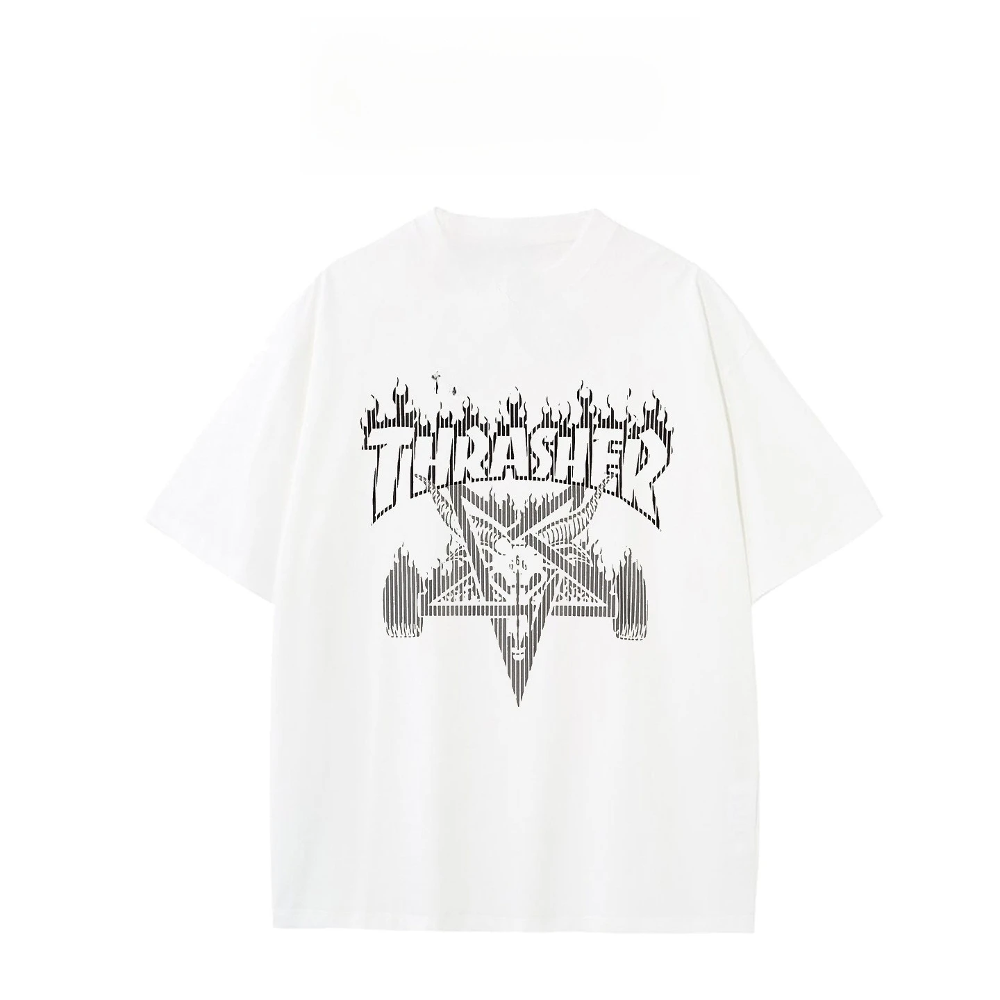 Camiseta Masculina Thrasher Flame de Manga Curta, Casual, Corte Solto, Moda de Verão, Estampa de Estrela de Cinco Pontas, Camiseta de Algodão