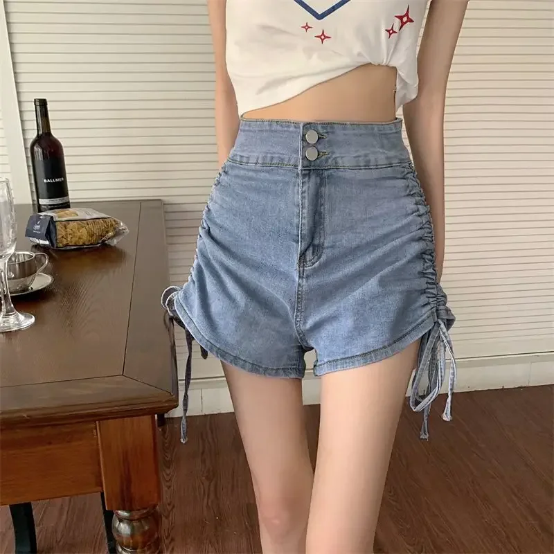 Shorts Women Y2k Shirring Denim Casual Straight New Vintage Solid All-match College Street Style Korean Summer High Waist Basic