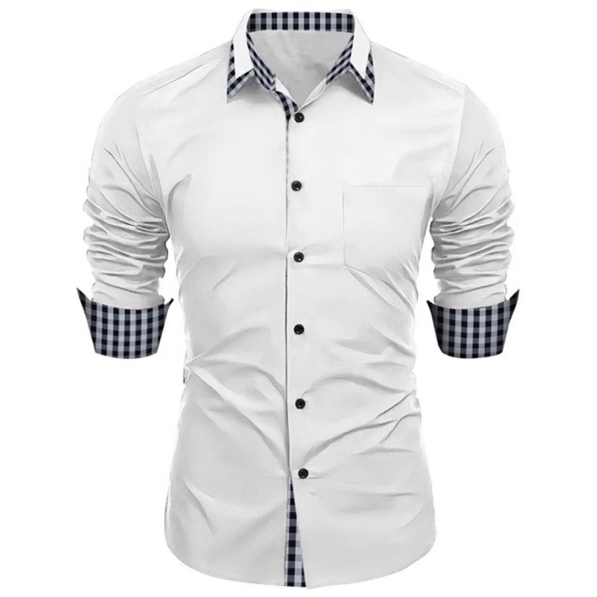 Spring/Summer Men\'s Shirt Solid Color Printed Spliced Long sleeved Business Casual Shirt Comfortable Flip Collar Pocket Top