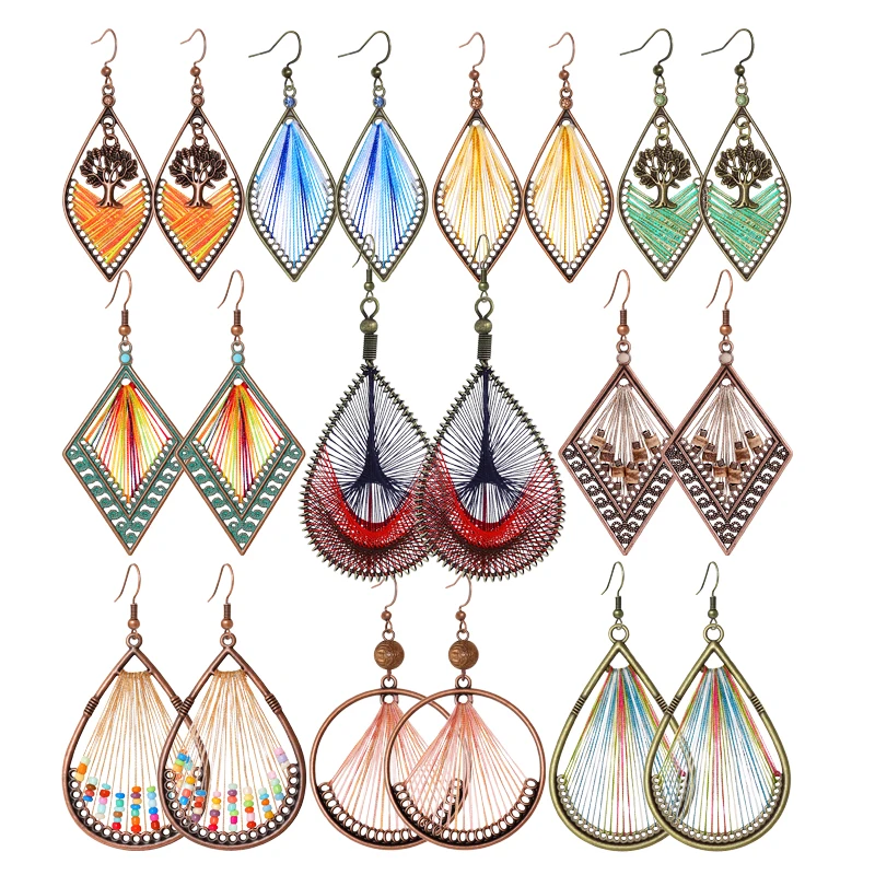 Women Vacation Style Earrings Set Wnding Silk Geometric Statement Dangle Earrings Beaded Design Daily Wear Work Parties Gifts