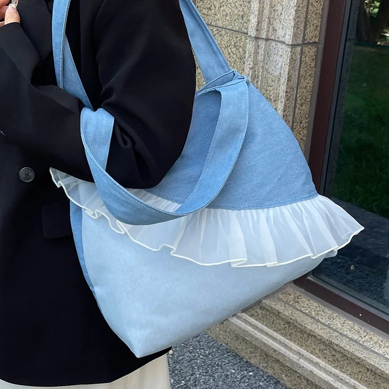 

Fashion Lace Denim Bag 2025 New Spring/summer Handbag with Women's Texture, Large Capacity Shoulder Bag Commuting Bag