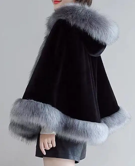 

2024, женский плащ с капюшоном, кимоно, зимняя куртка с запахом на плечах, куртка из искусственного меха средней длины, корейская модная верхняя одежда