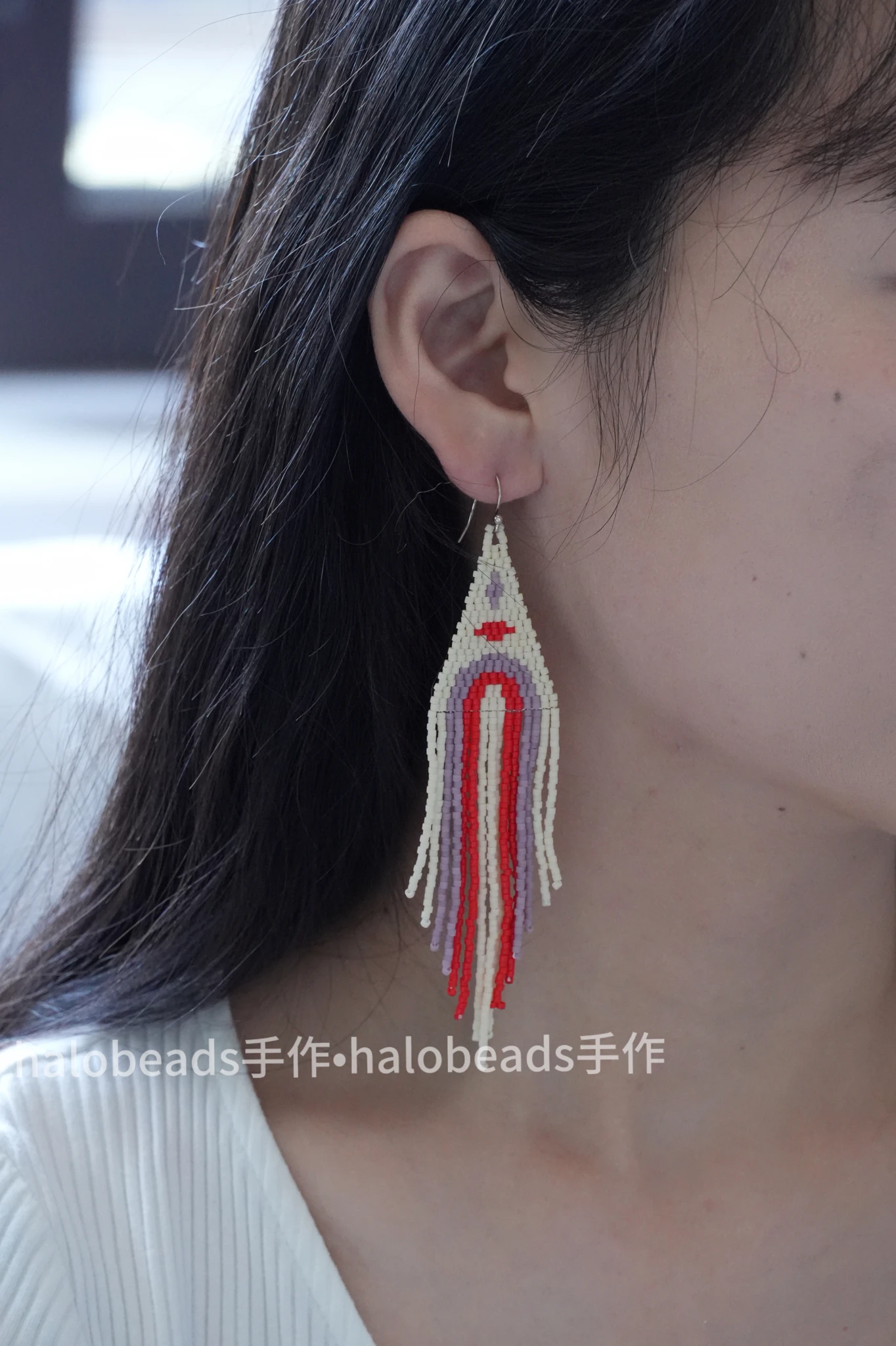 Women's Bohemia Tassel Beaded Earrings Trendy Hand-woven Alloy Geometry Rainbow Gradient Simple Rice Bead Jewelry