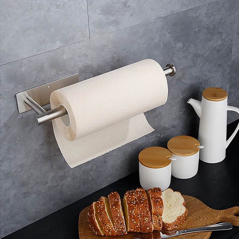 Kitchen Bathroom Accessories Wall Mount Adhesive Kitchen Toilet Roll Paper Holder Cabinet Storage Stainless Stand Napkin Rack