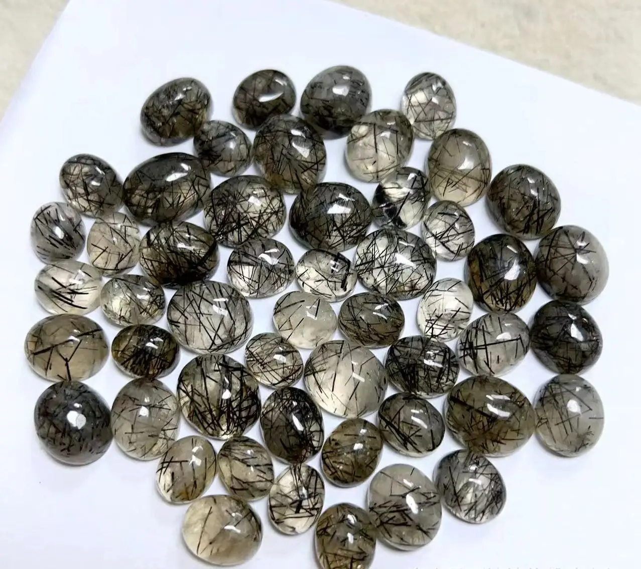 Wholesale 10pcs/lot Genuine Black Rutilated Quartz Bead Mixed Size 7-15mm Oval Semi-Precious Gemstone Jewlery Cabochon Ring Face