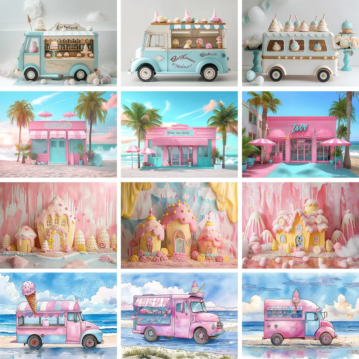

Ice Cream Truck Backdrop Kids Baby Cake Smash Photography Props Candy House Child Girls Adult Birthday Studio Backgrounds