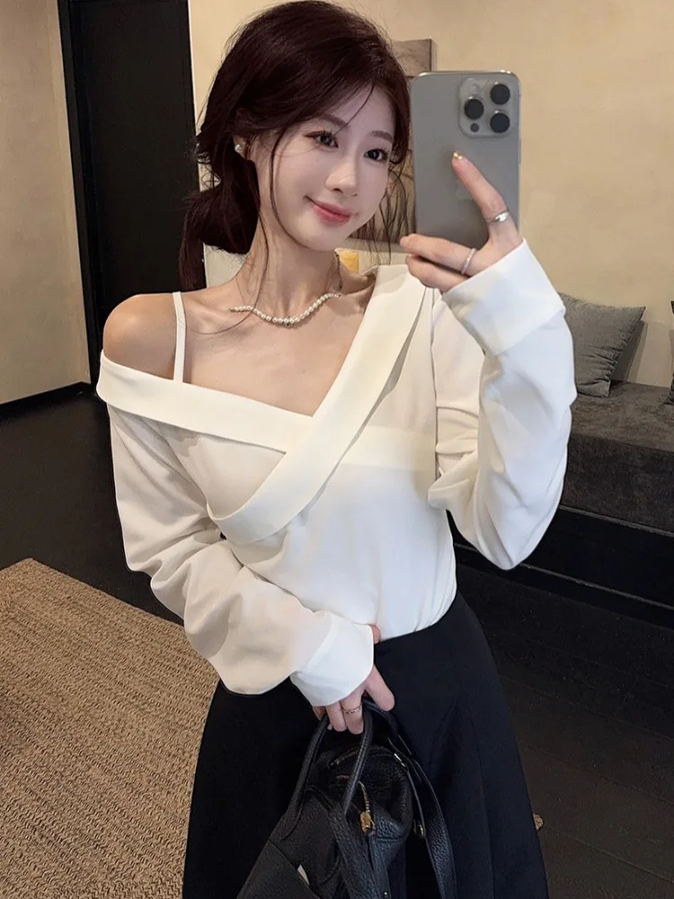 

Korean Style Slimming Shoulder Bared Black High Waist Skirt And White Shirt Two Piece Set Fashionable Autumn Outfit