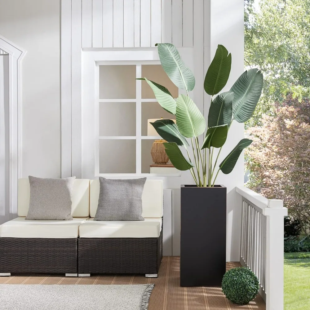 Высокий металлический ящик для цветов на открытом воздухе, 14x14x30 дюймов, матовый вручную золотой край, большая вместимость для уличных растений