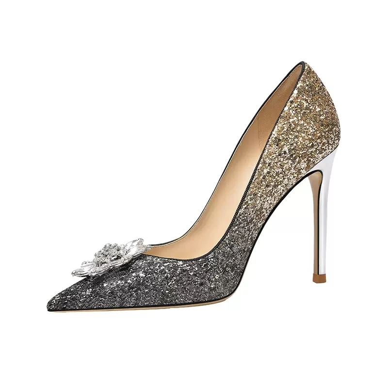 Spring/Summer New Sequins Gold Gradient Crystal Single Shoes Thin High Heel Banquet Dress Versatile Large and Small Women's Shoe