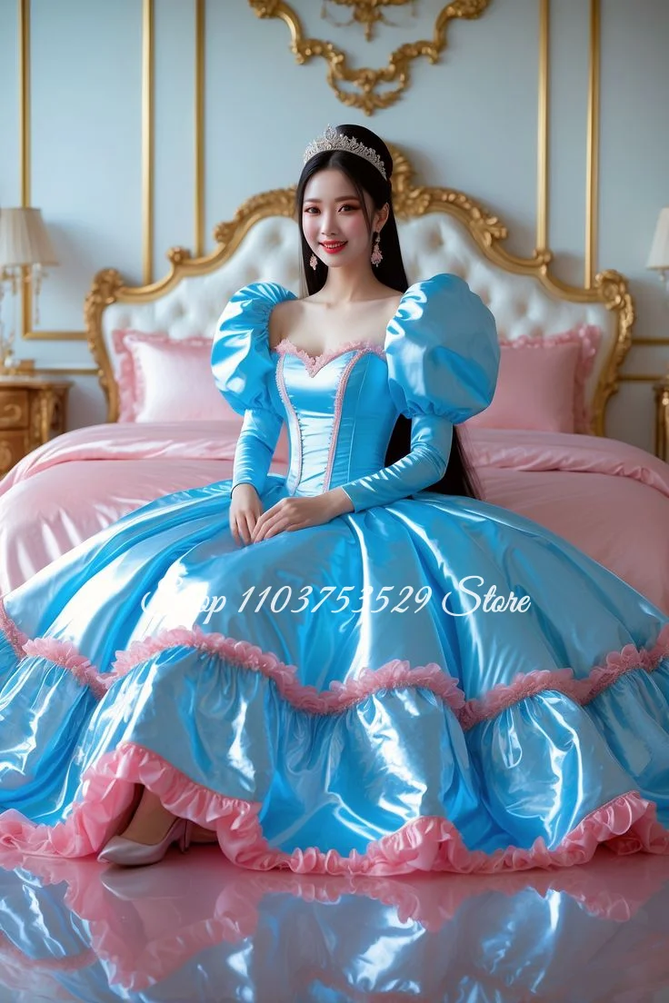 Błękitna koronkowa suknia balowa z gorsetem, dekoltem w serduszko, długimi rękawami, w stylu vintage, wiktoriańskim, gotyckim, na specjalną okazję.