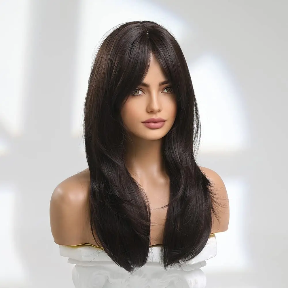 22inch Long Straight Bob Wig with Bangs, Synthetic Hair, Suitable for Daily Use