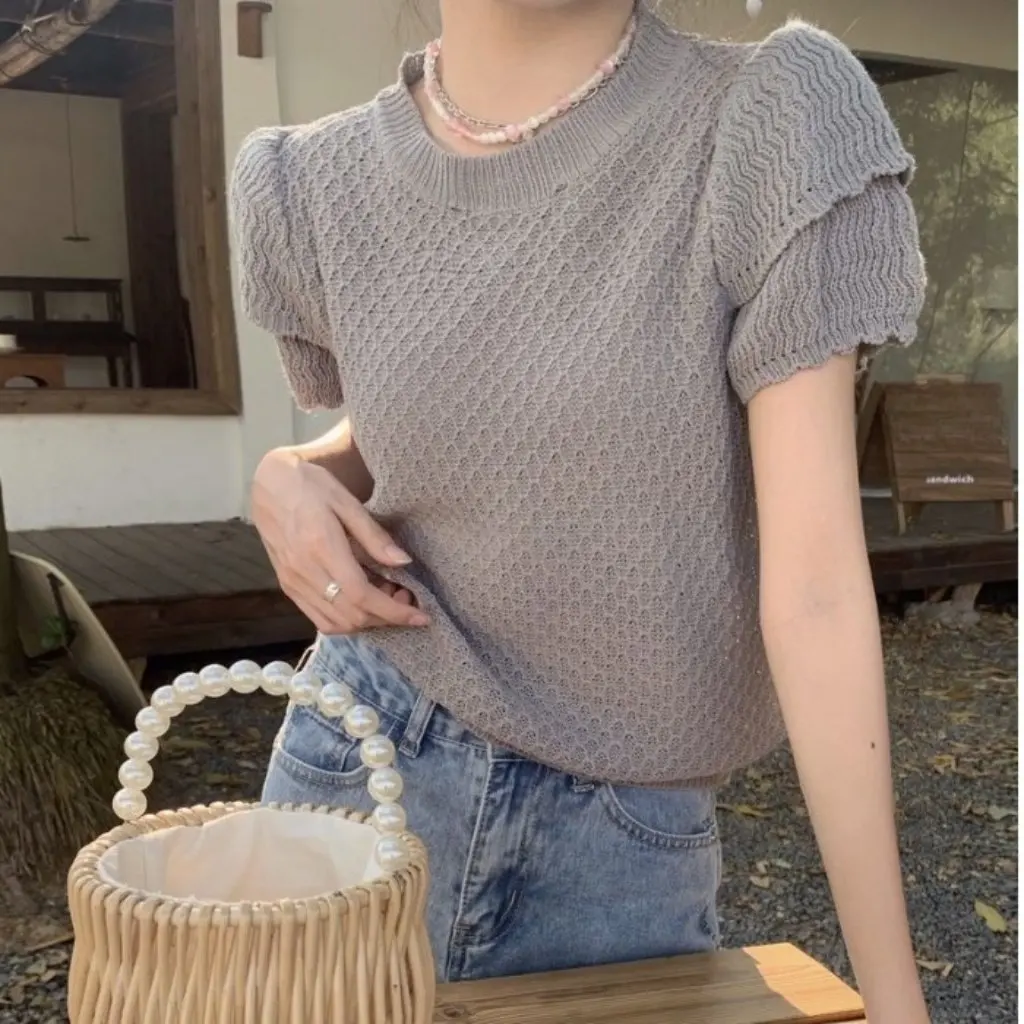

Korean Style Double-Layer Princess Puff Sleeve Crochet round Neck Short-Sleeved Sweater Gentle Niche Design Flesh Covering