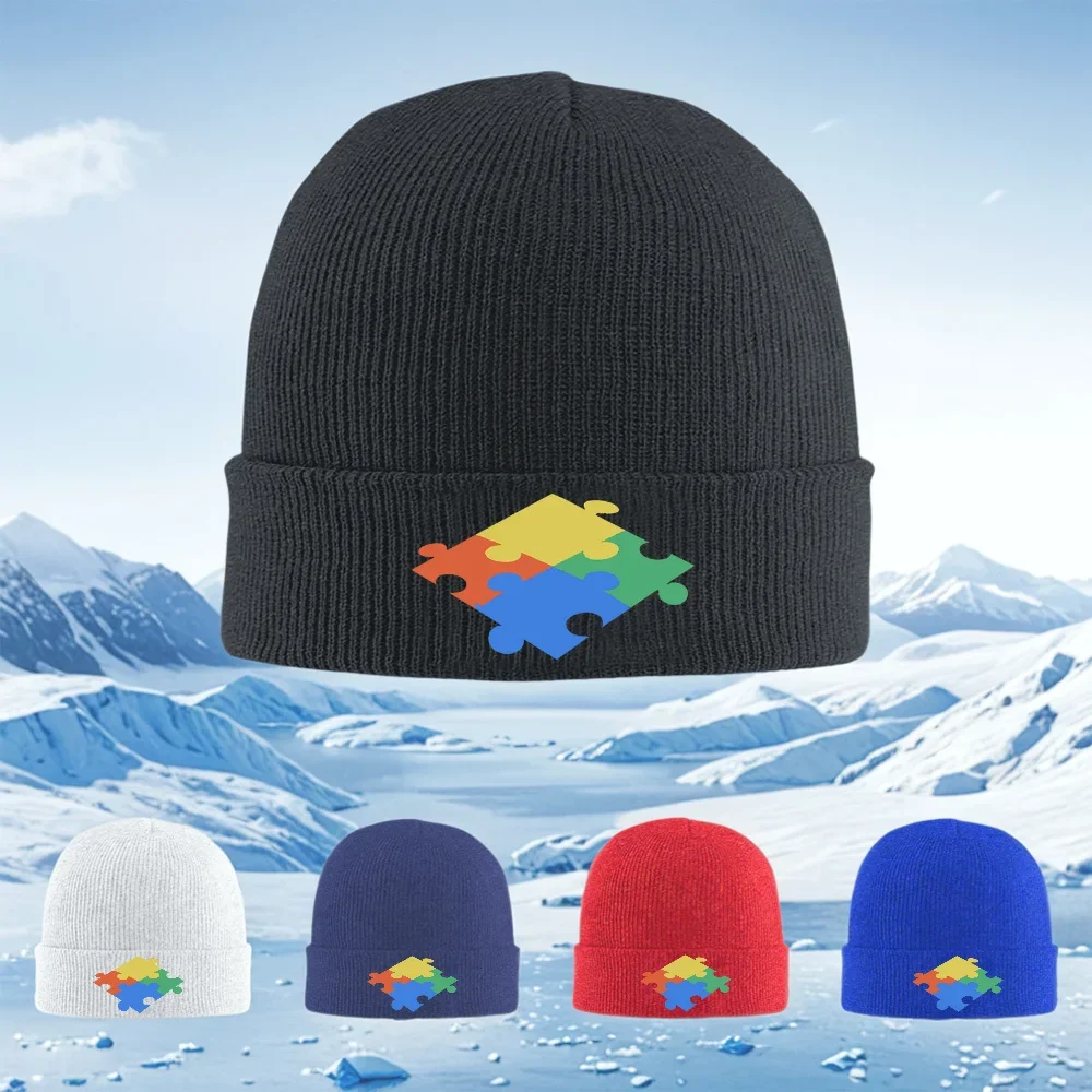 2026 Connected puzzle pieces colored together Men Women Unisex Knitted Hat Beanie Pullover Cap Winter Thermal Warm Christmas Out
