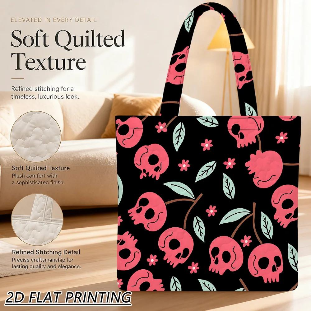 1pc skulls cherry blossoms Quilted Women'S Shoulder Bag, Reusable Grocery Bag For Home, Gym And Everyday Shopping