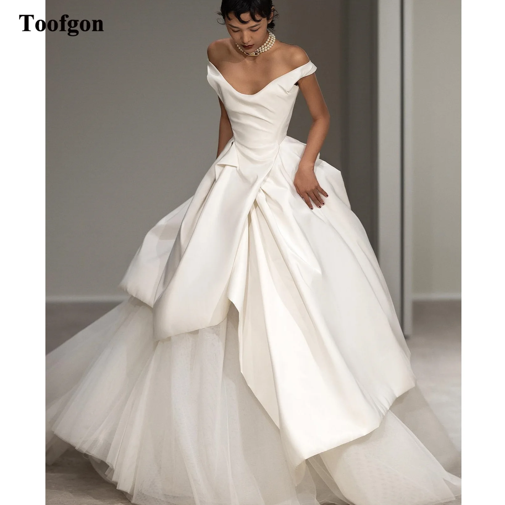 

Toofgon A Line Satin Tulle Wedding Gowns For Bride V-neck Draped Buttons Back Bridal Gowns Women Formal Party Gowns vestidos