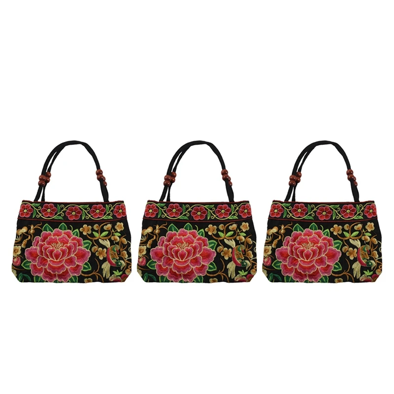 

NEW-3X Chinese Style Women Handbag Embroidery Ethnic Summer Handmade Flowers Ladies Tote Shoulder Bags Cross-Body(Red Peony)