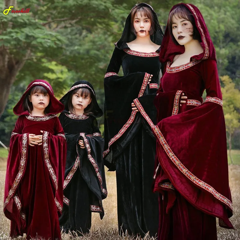 

Medieval Victorian Dress For Women Steampunk Flare Sleeve Witch Robe Cosplay Gothic Costume Wine Red Hood Long Dress Vestidos