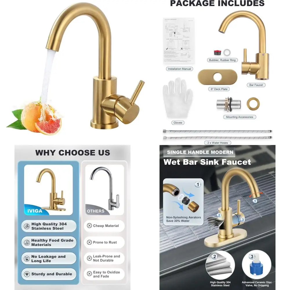 

Gold Single-Handle Bar Sink Faucet with 360° Swivel Spout for Kitchen, Bathroom, and RV Use