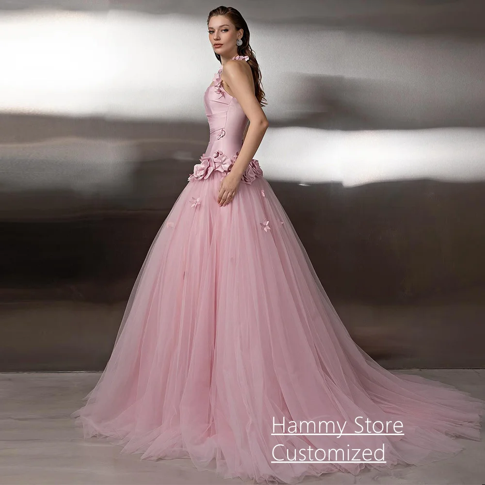 Vestido de noche de princesa personalizado Halter sin mangas flores 3d rebordear una línea tren de barrido Arabia Saudí vestido de fiesta desfile