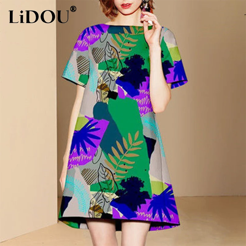 

Summer Streetwear Vintage Print Loose Casual Mini Dress Women Short Sleeve Simple Fashion A-line Dresses Harajuku Robe Vestidos